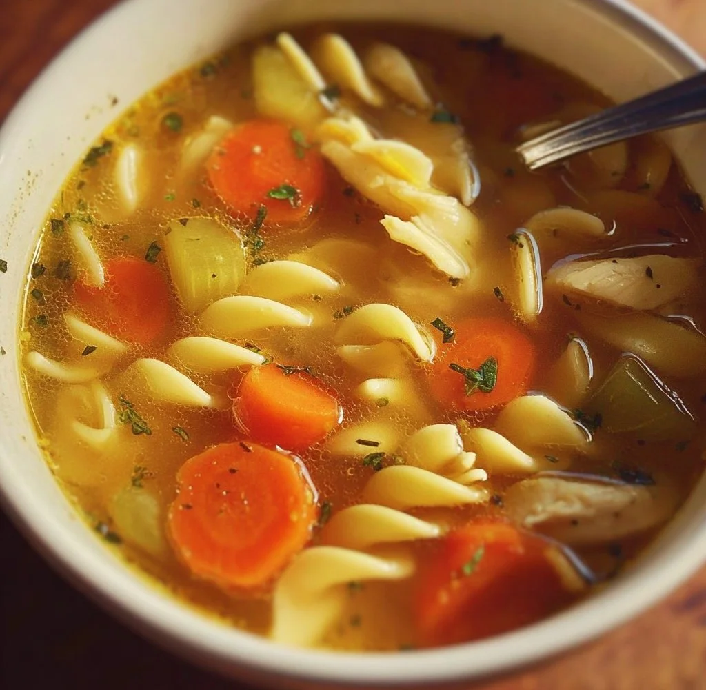 Bowl of Vegan Chicken Noodle Soup with fresh vegetables and herbs