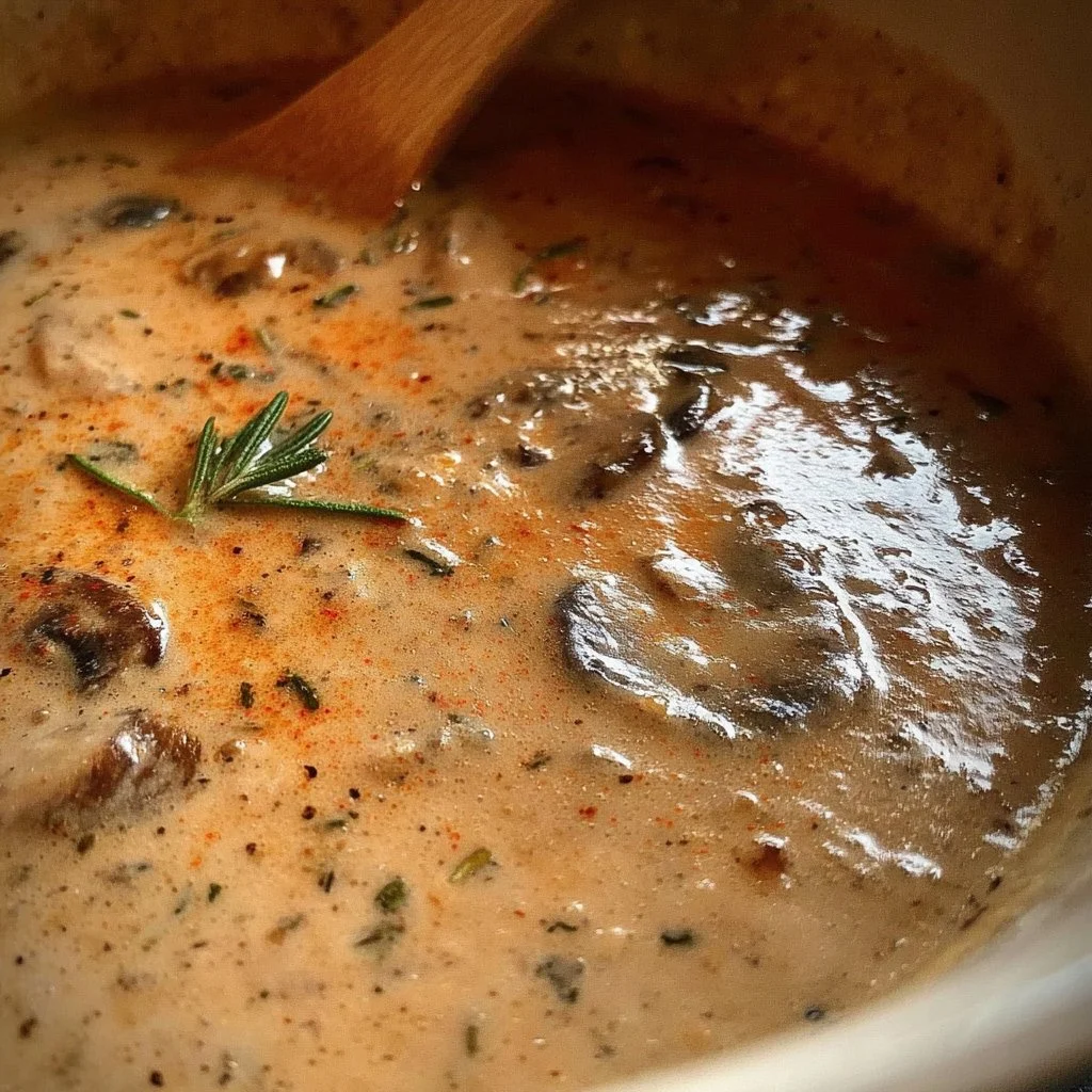 Bowl of vegan gluten-free mushroom soup garnished with fresh herbs