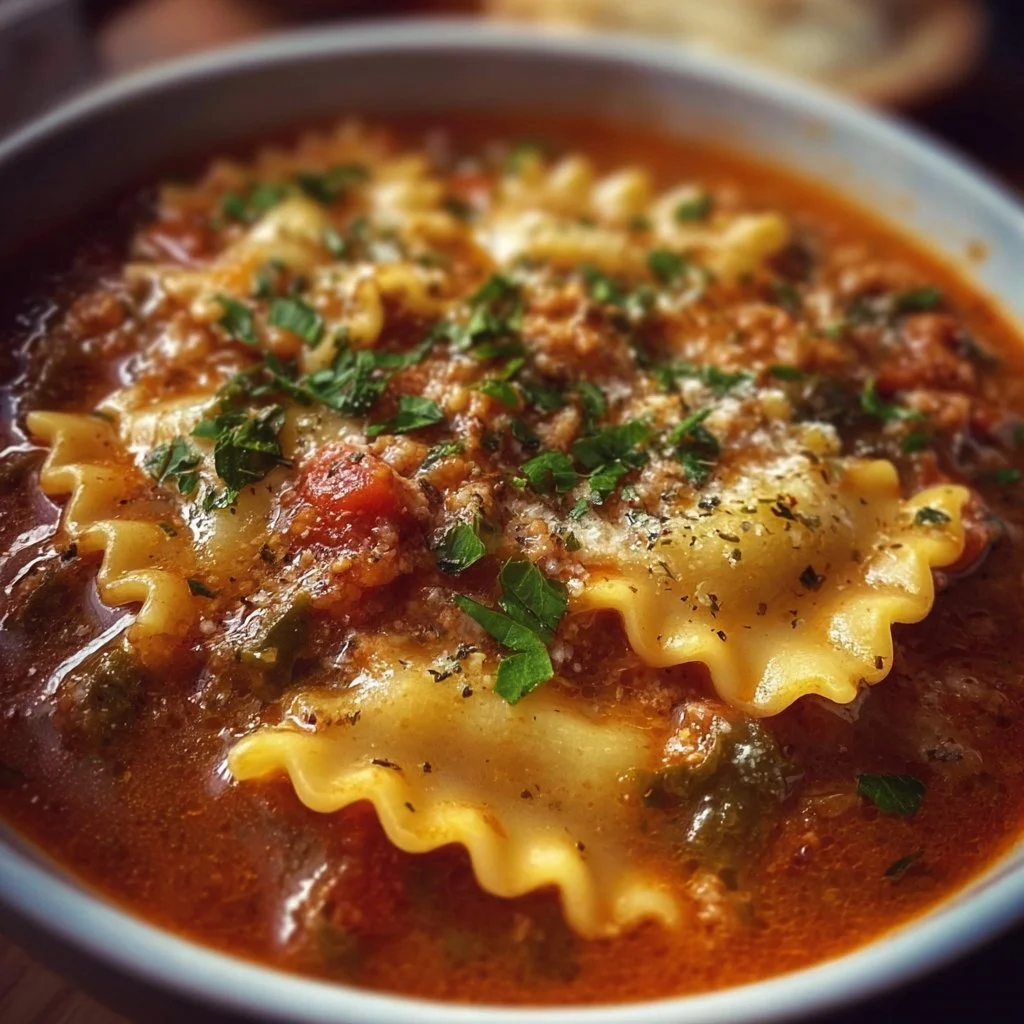 Bowl of Vegan Lasagna Soup topped with fresh basil and served with crusty bread