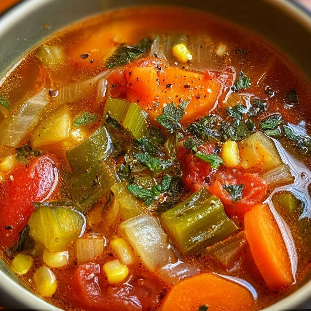 Bowl of fresh vegetable soup with colorful vegetables and herbs