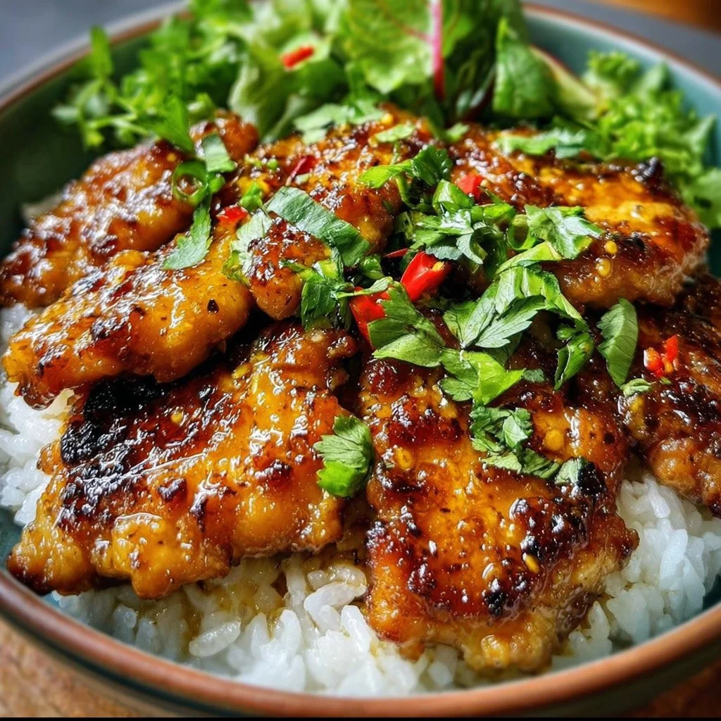 Delicious Vietnamese lemongrass chicken dish garnished with fresh herbs