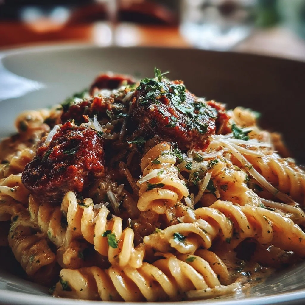 Plate of Voodoo Pasta garnished with fresh herbs and spices