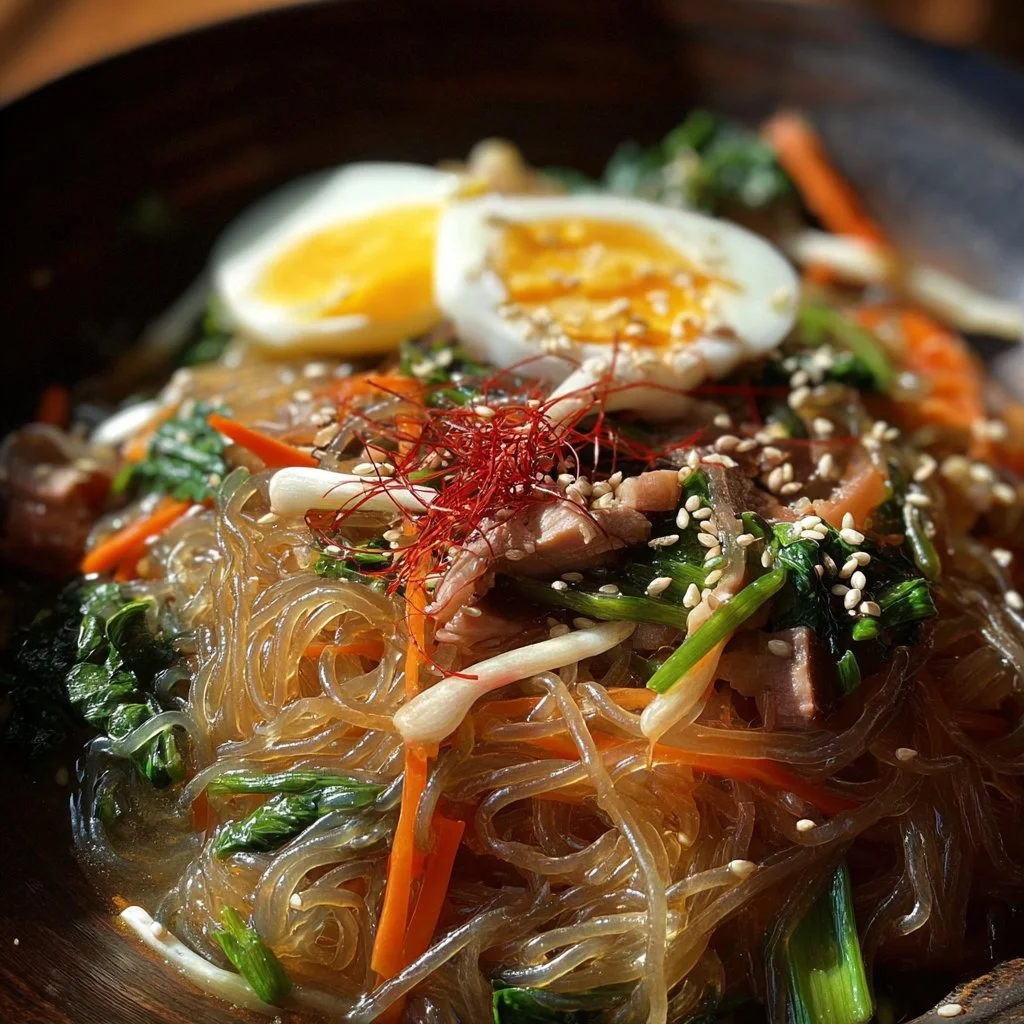 Bowl of delicious Chae noodles served with vegetables and sauce
