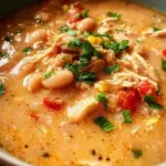 Delicious bowl of White Bean Chicken Chili garnished with fresh herbs.