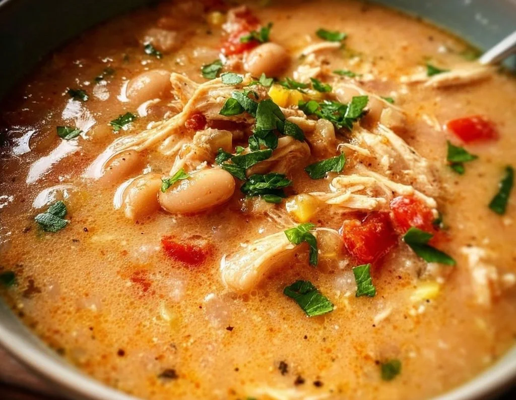 Delicious bowl of White Bean Chicken Chili garnished with fresh herbs.