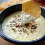 Creamy white cheese dip served in a bowl with tortilla chips on the side.
