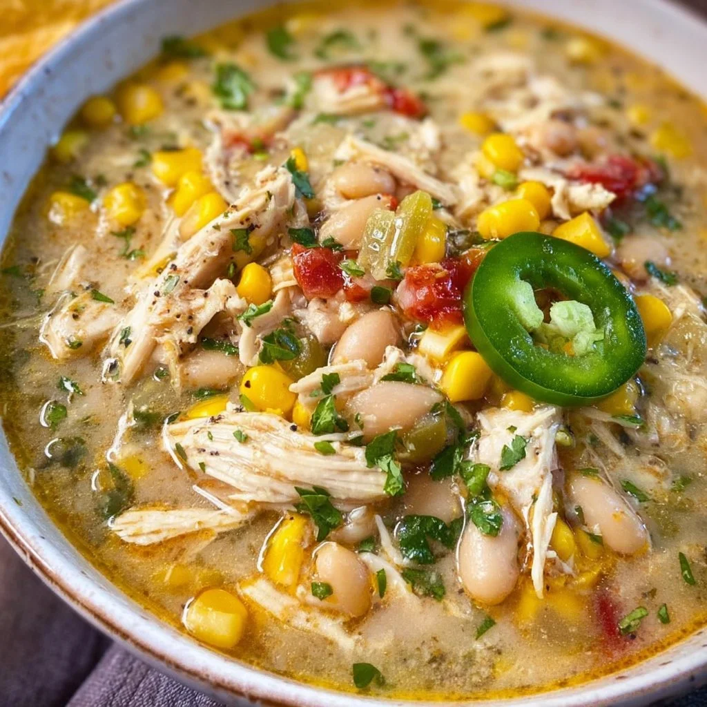 Delicious bowl of white chicken chili soup garnished with cilantro and avocado