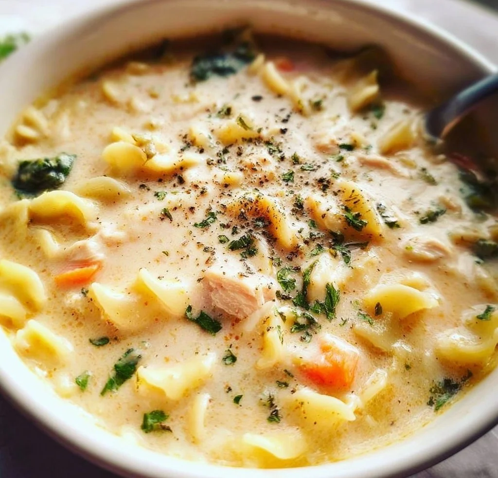 Bowl of white chicken lasagna soup with herbs and melted cheese on top.