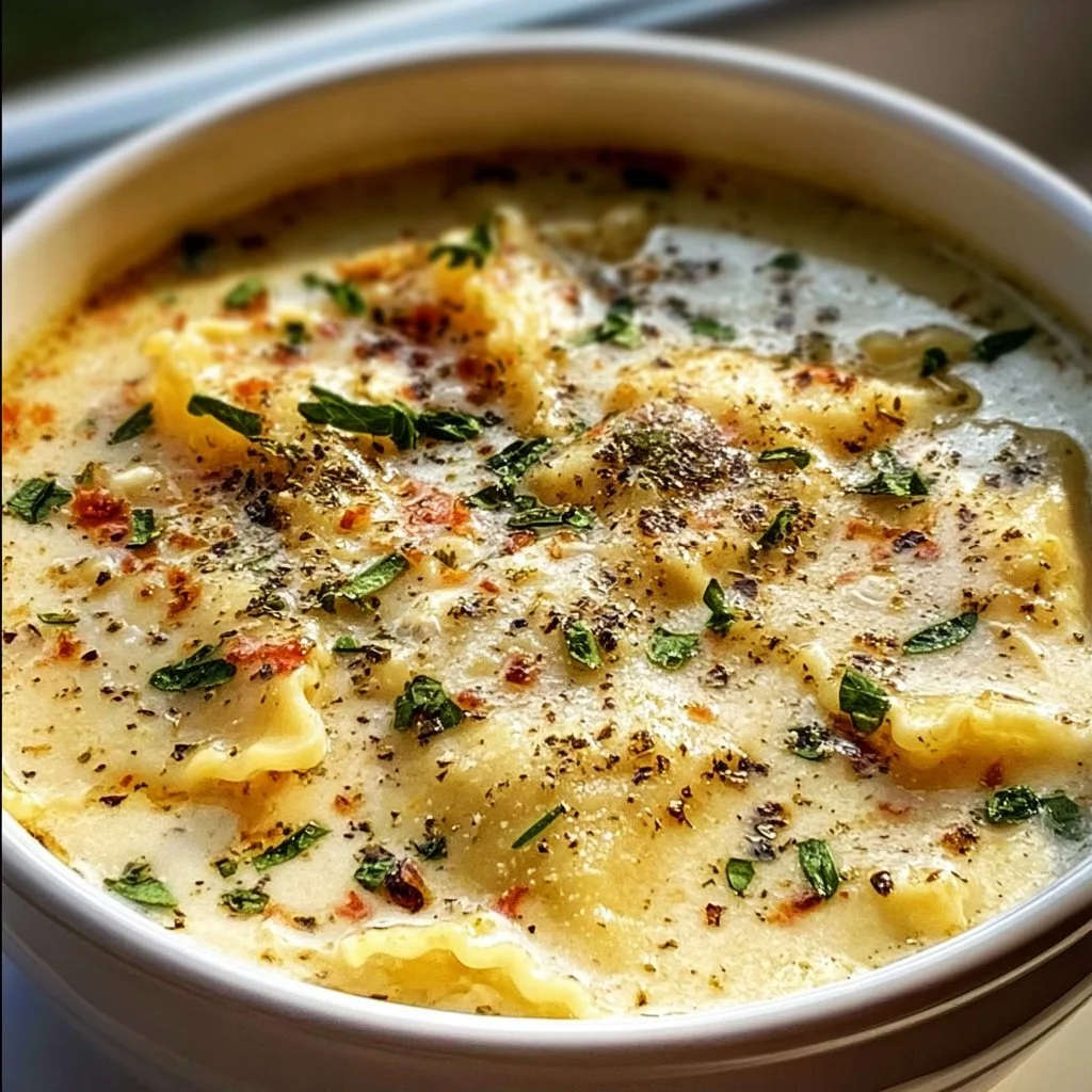 Bowl of creamy white lasagna soup topped with cheese and herbs
