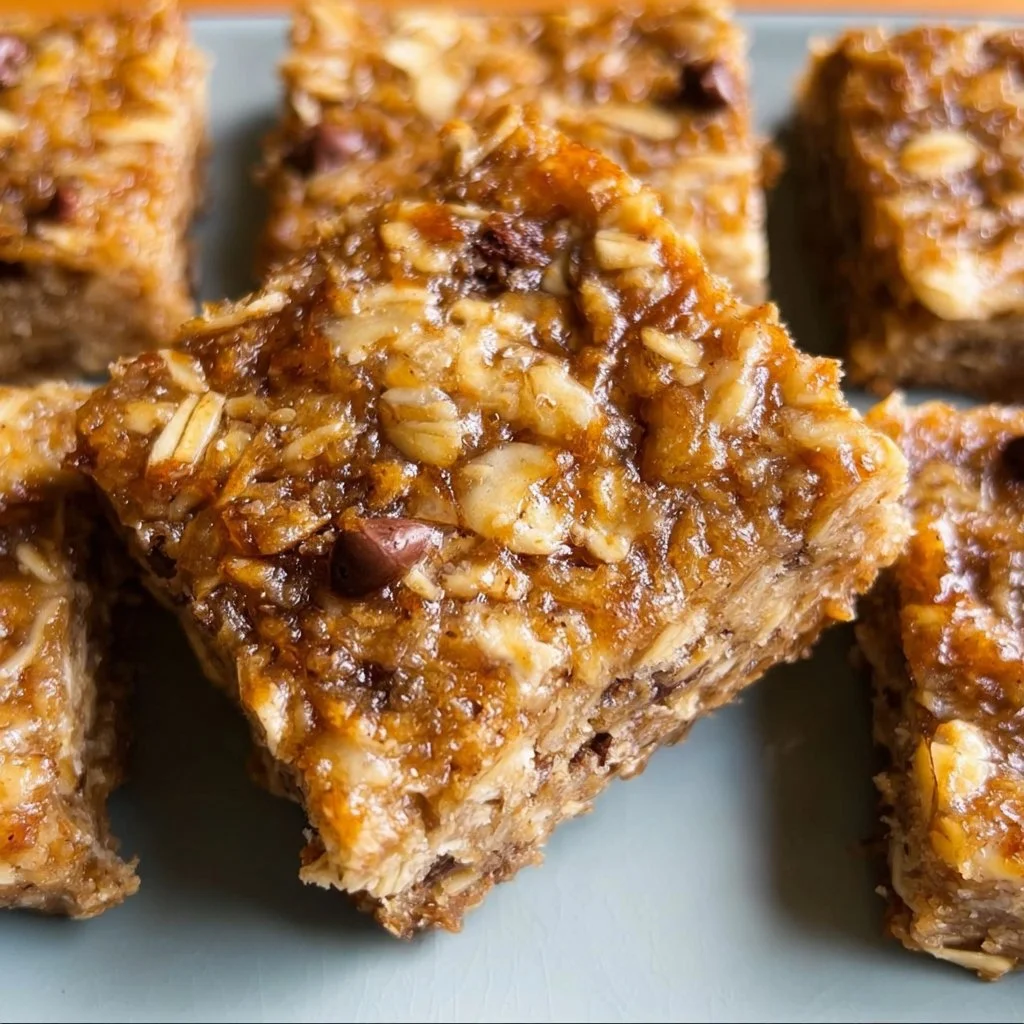 4-ingredient banana oatmeal bars on a wooden table