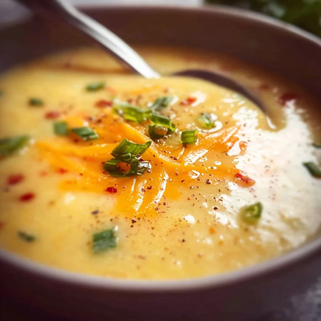 Bowl of creamy 4 ingredient potato soup garnished with herbs
