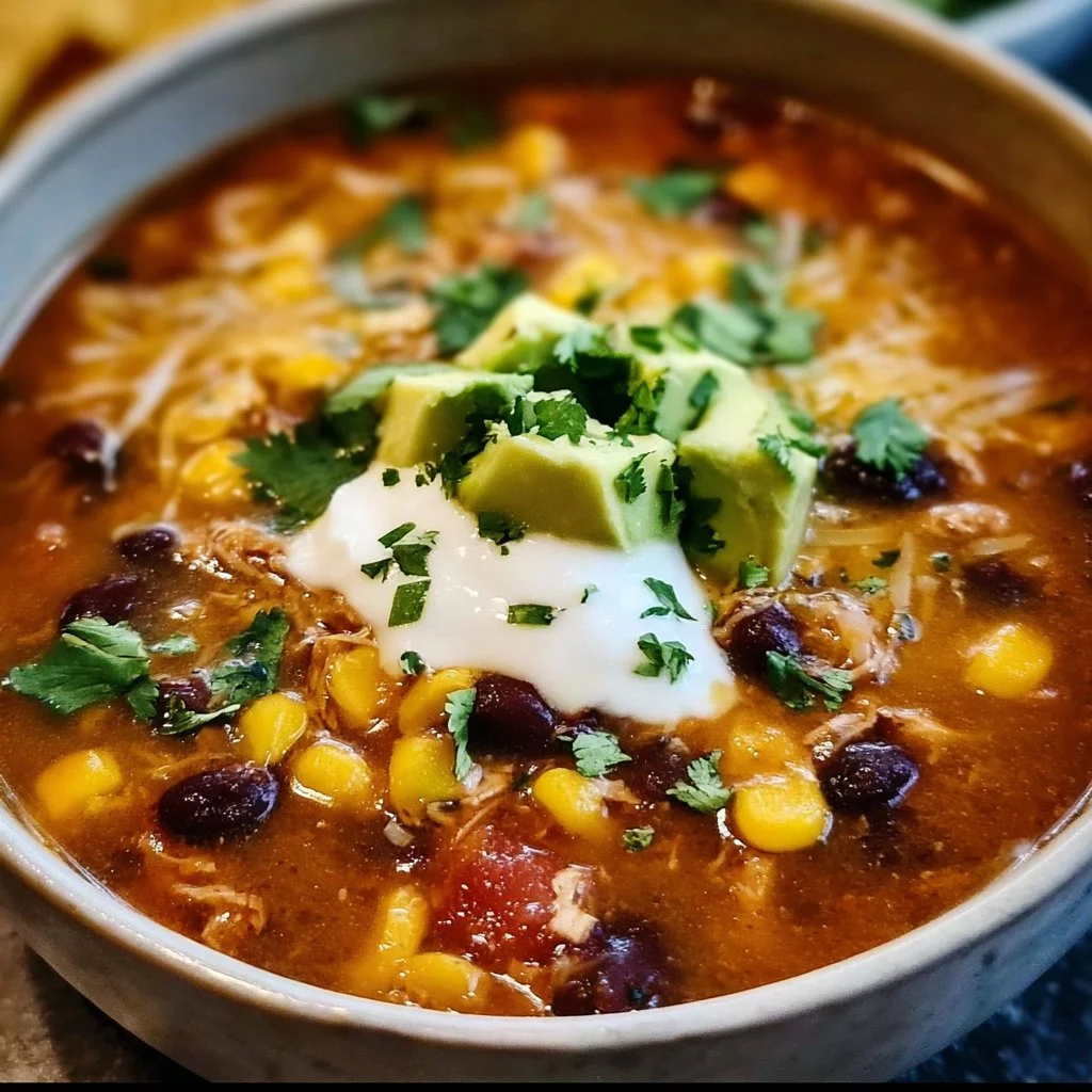 A hearty bowl of 8 Can Taco Soup garnished with cilantro and avocado.