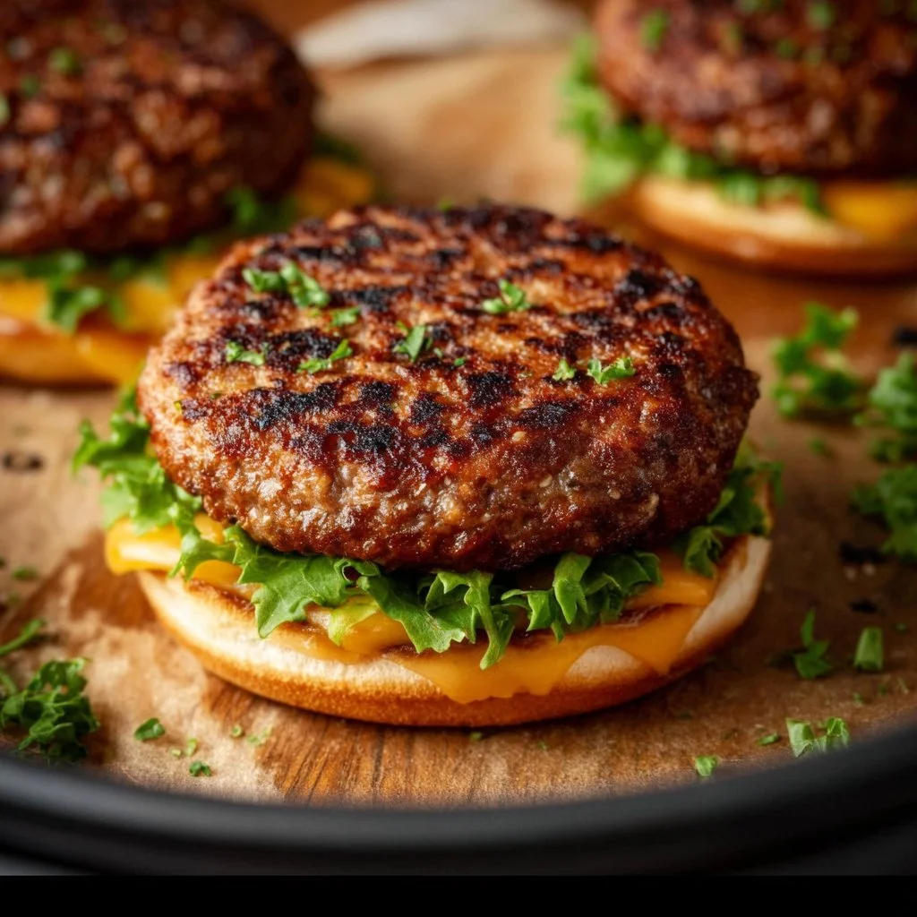 Juicy air fryer burgers on a plate with toppings and condiments.