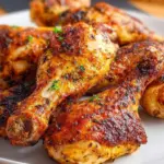 Crispy air fryer chicken legs served with dipping sauce and herbs.