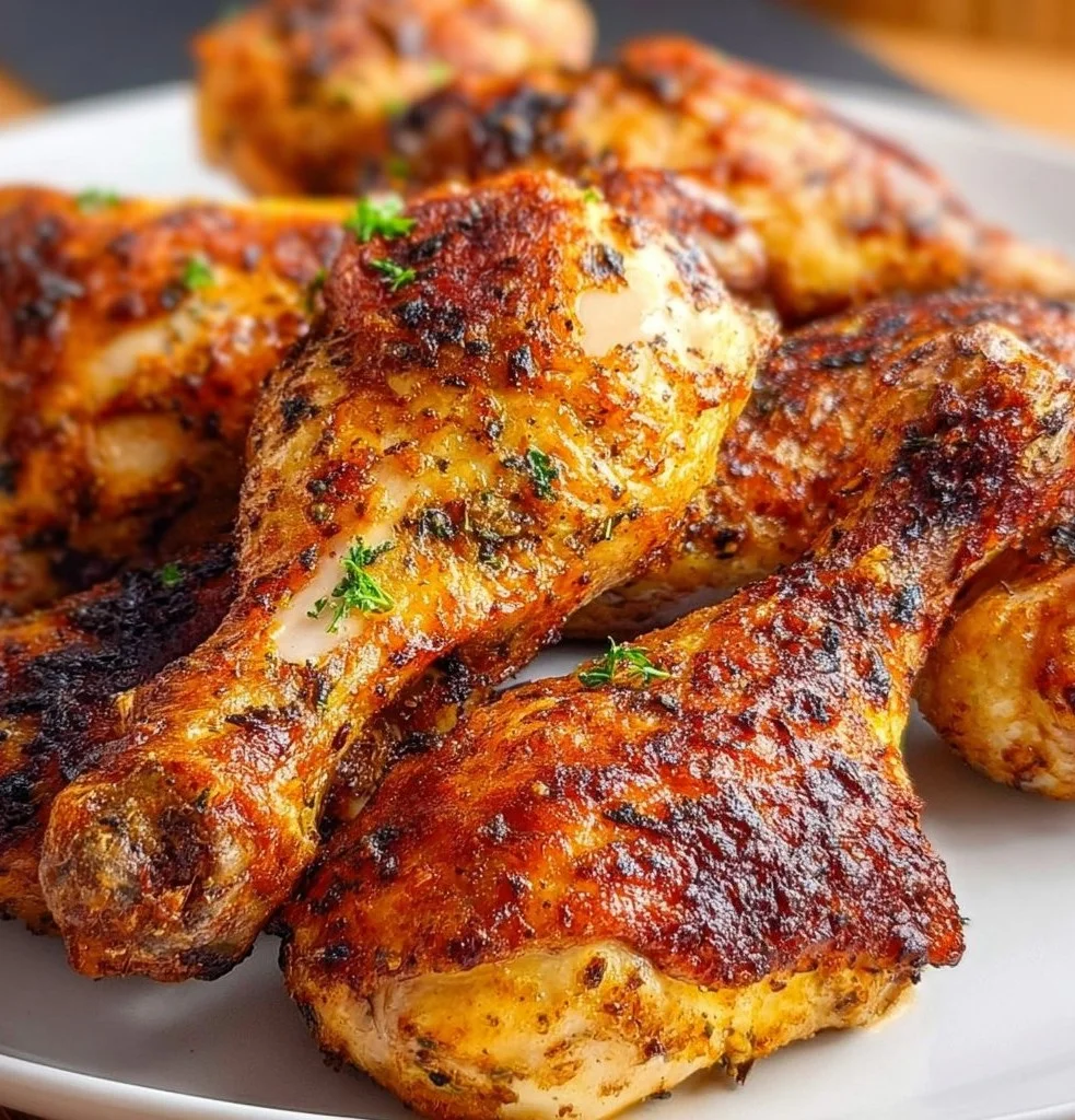 Crispy air fryer chicken legs served with dipping sauce and herbs.