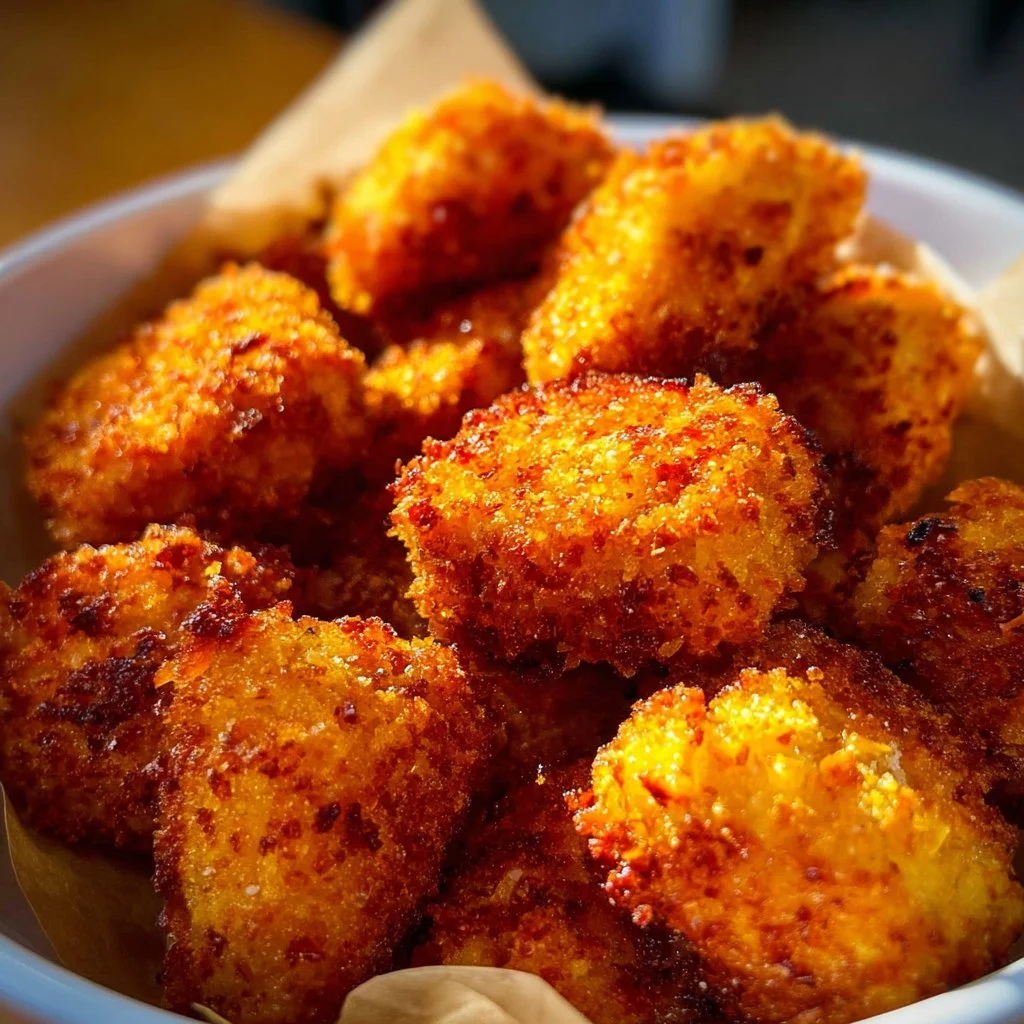Crispy air fryer chicken nuggets served with dipping sauce.