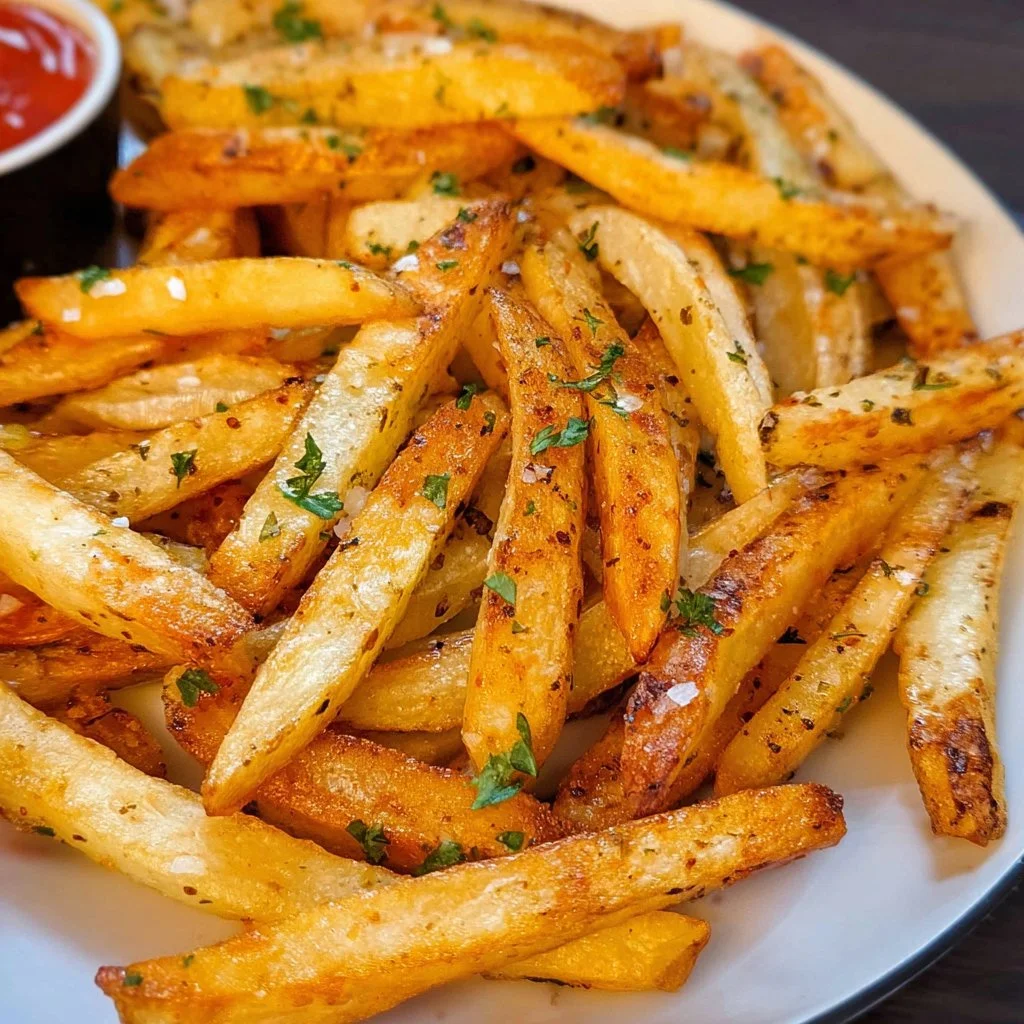 Crispy air fryer French fries served with dipping sauce on a plate