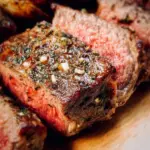 Perfectly cooked air fryer steak served on a plate with herbs and spices.