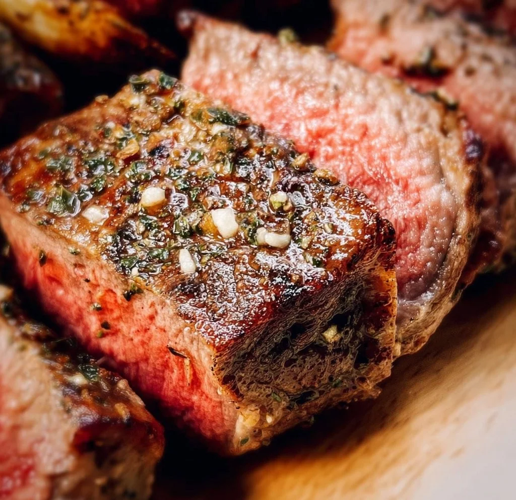 Perfectly cooked air fryer steak served on a plate with herbs and spices.
