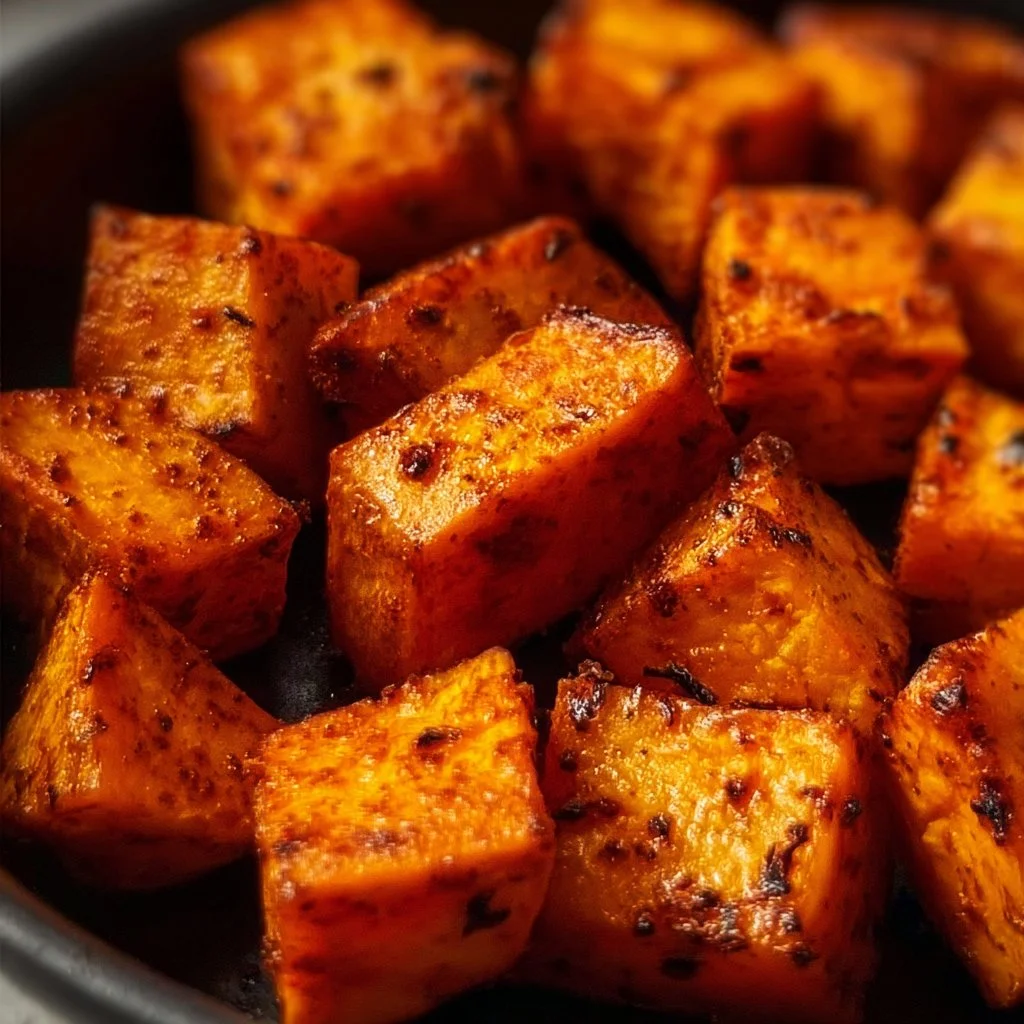 Air fryer sweet potato cubes ready to serve, golden and crispy