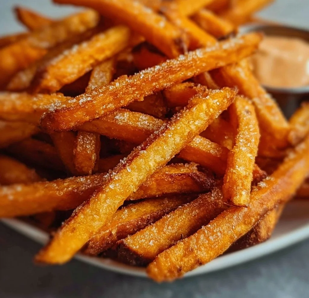 Air fryer sweet potato fries served in a bowl with a dipping sauce