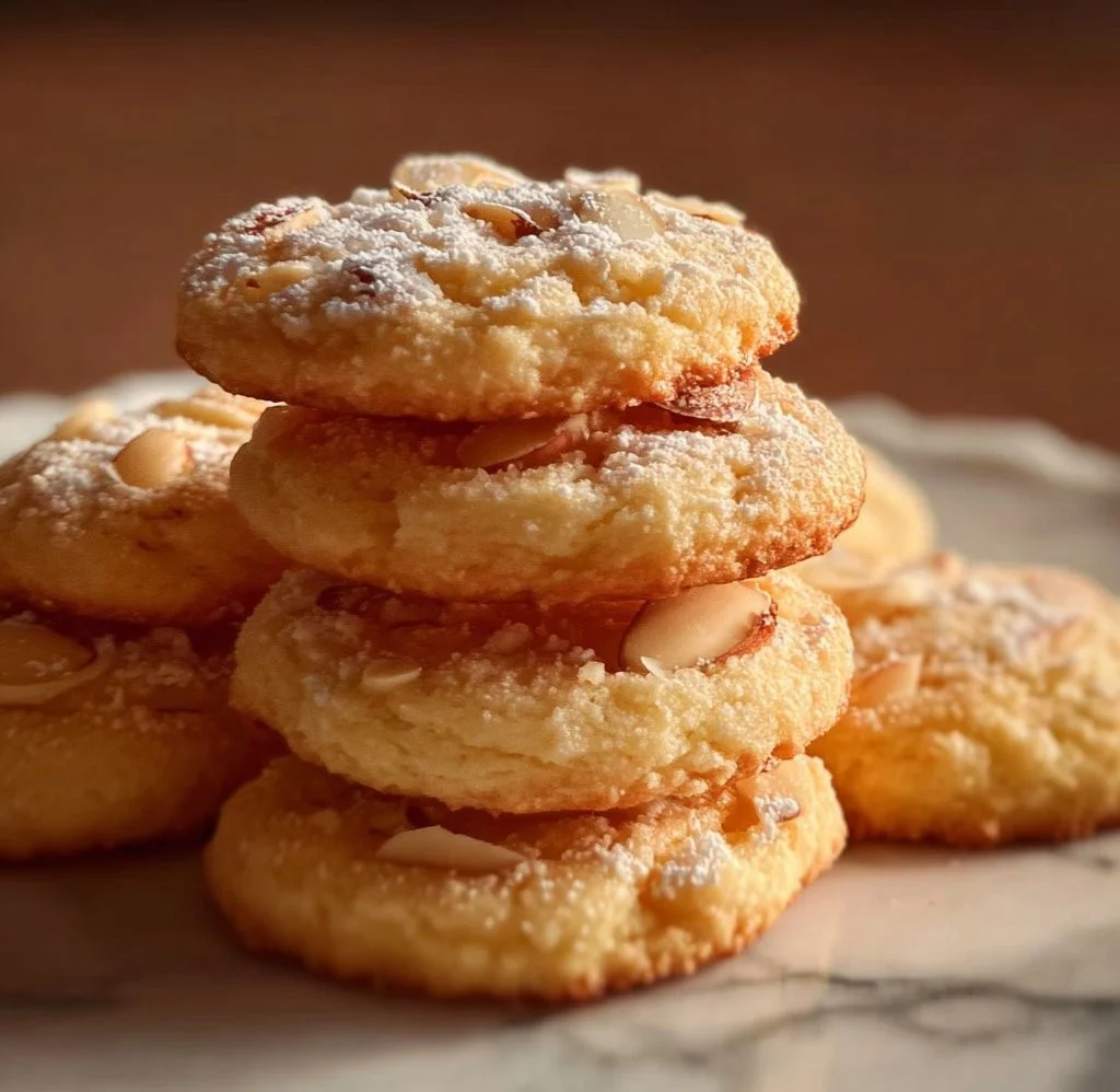 Almond Cloud Cookies on a decorative plate, showcasing their light texture and almond flavor.