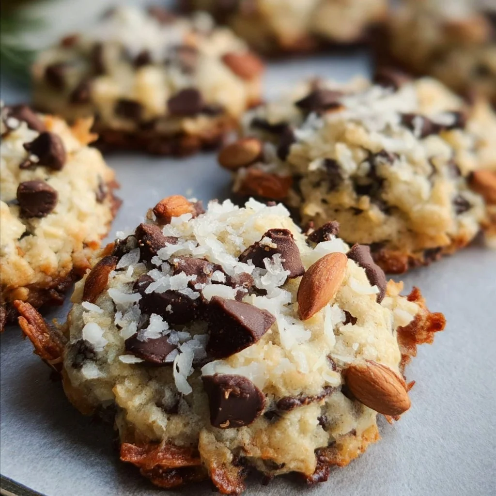 Delicious Almond Joy cookies topped with chocolate, almonds, and coconut.