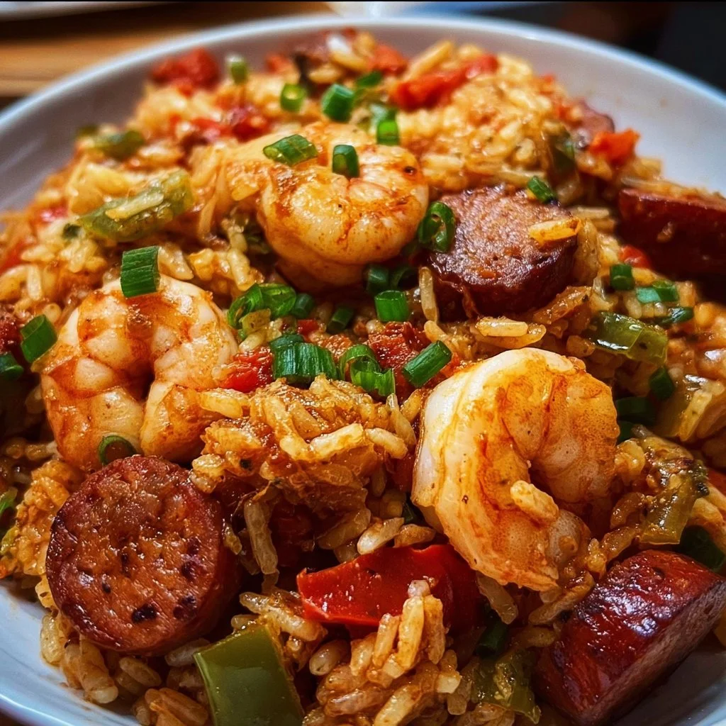 Delicious authentic Cajun Jambalaya served in a bowl with fresh ingredients