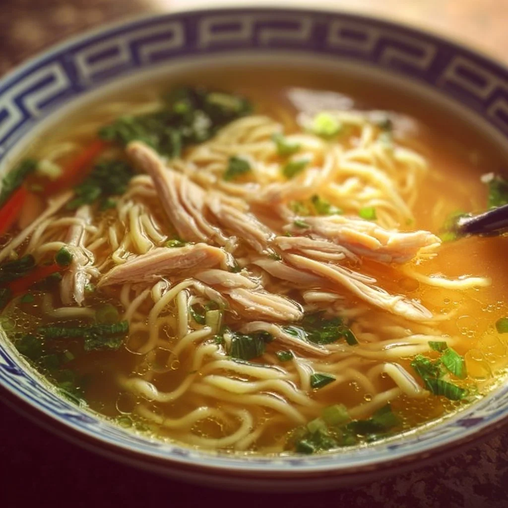 Bowls of Authentic Chinese Chicken Noodle Soup with fresh herbs and chicken