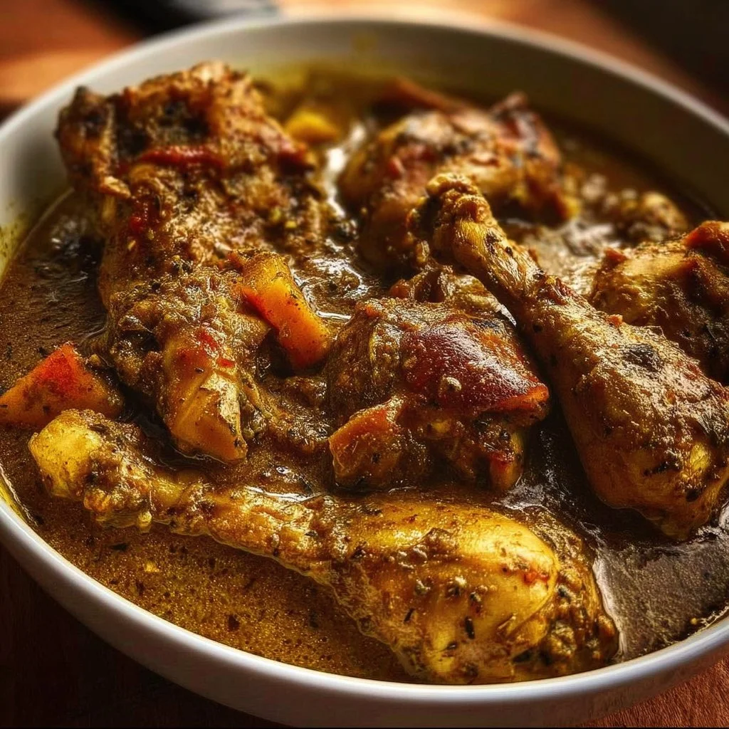 Delicious authentic Jamaican curry chicken served with rice and vegetables