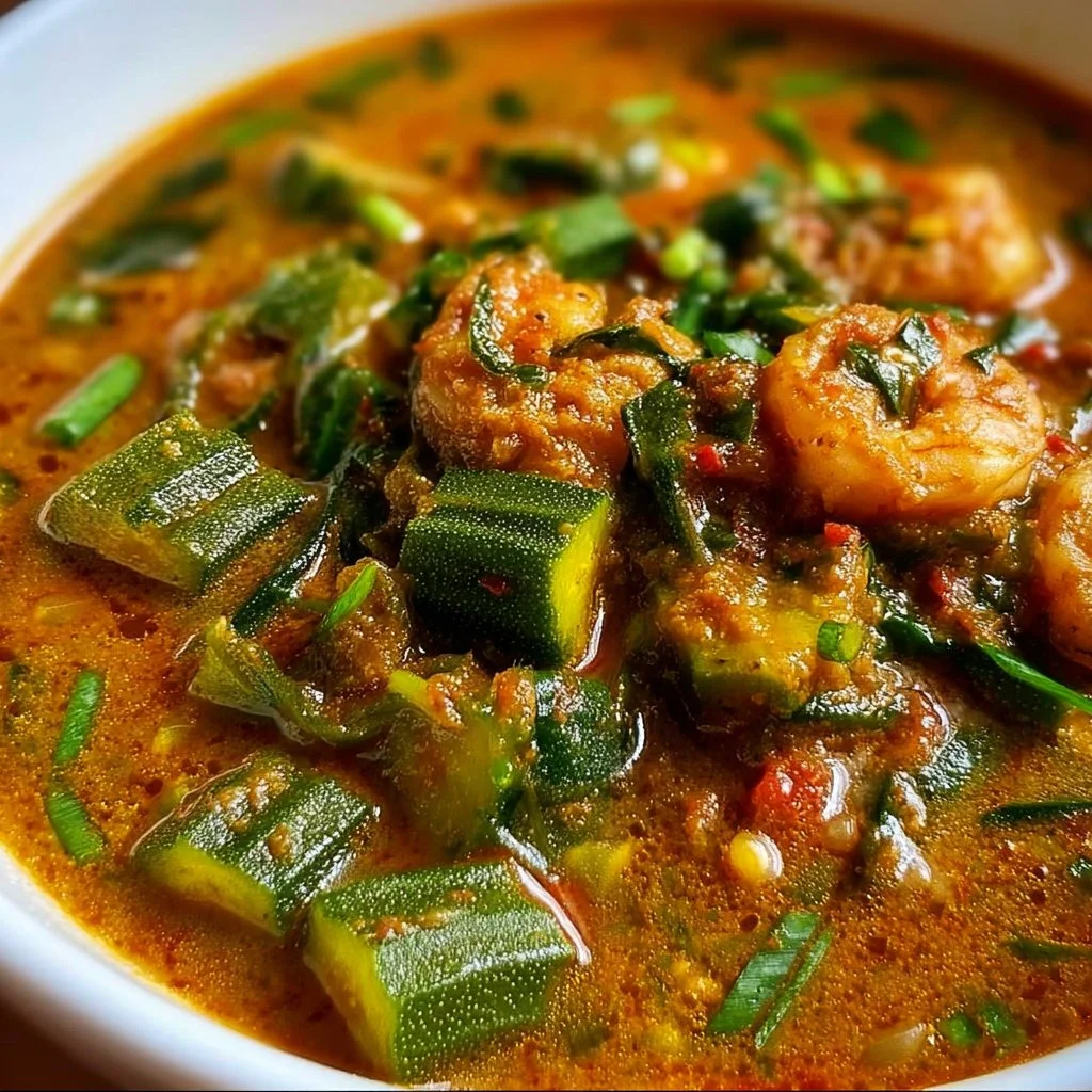 Bowl of authentic Nigerian Okra Soup garnished with fresh ingredients