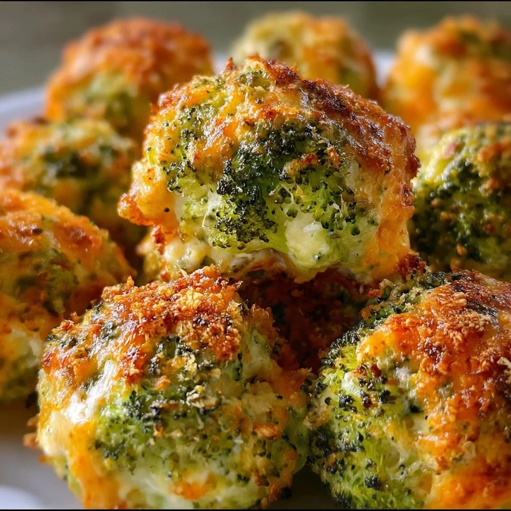 Baked broccoli cheese balls served on a plate, crispy and golden brown