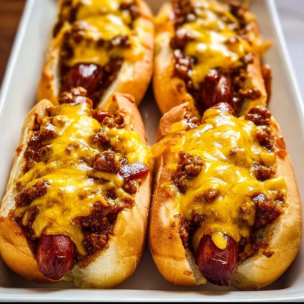 Baked Chili Cheese Dogs topped with melted cheese and chili on a white plate