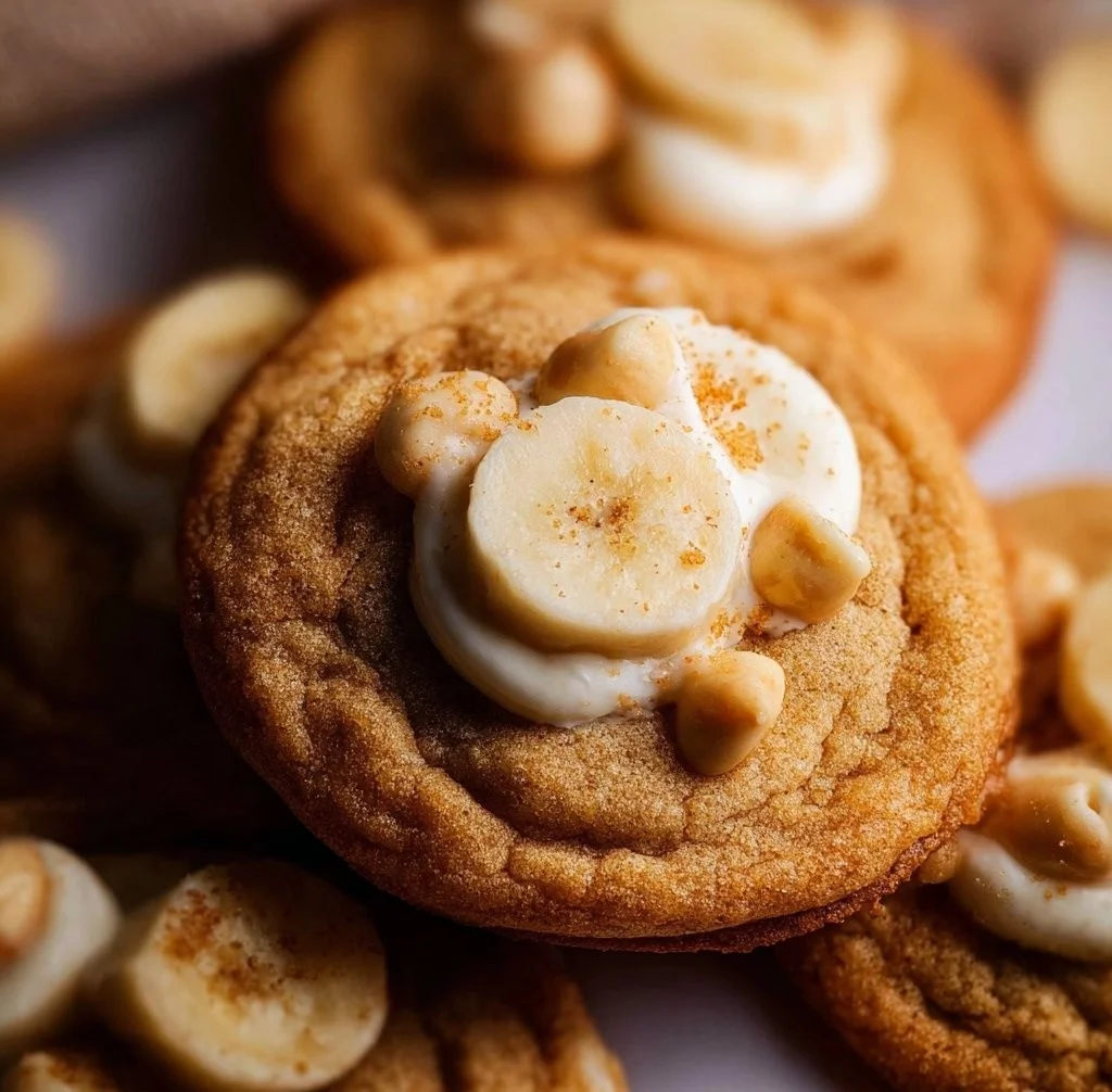 Plate of freshly baked banana pudding cookies with a creamy texture.