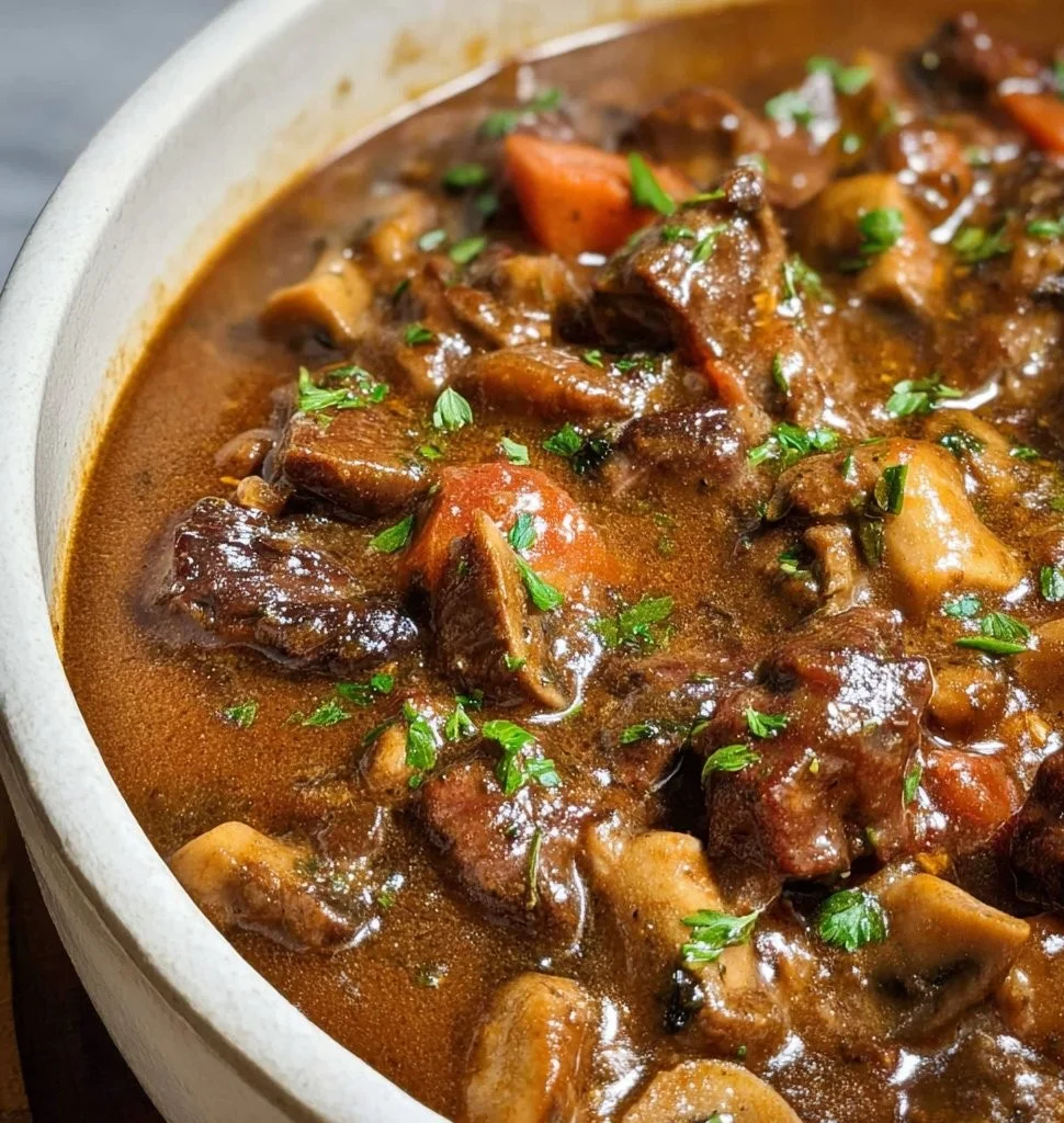 Delicious beef and mushroom stew in a rustic bowl, garnished with herbs.