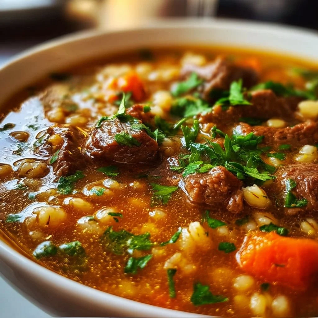 Delicious and hearty beef barley soup in a rustic bowl