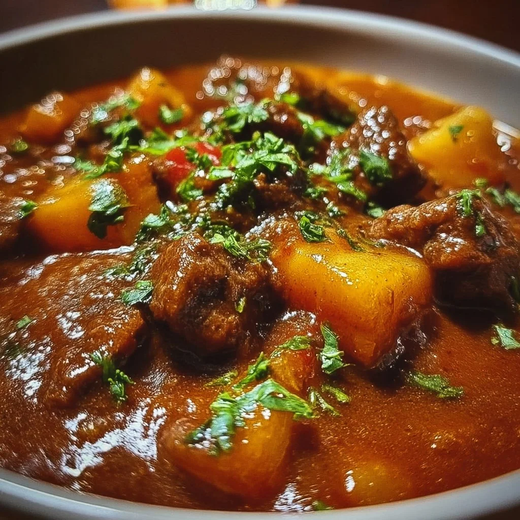 Delicious Beef Goulash served in a bowl with fresh herbs and bread