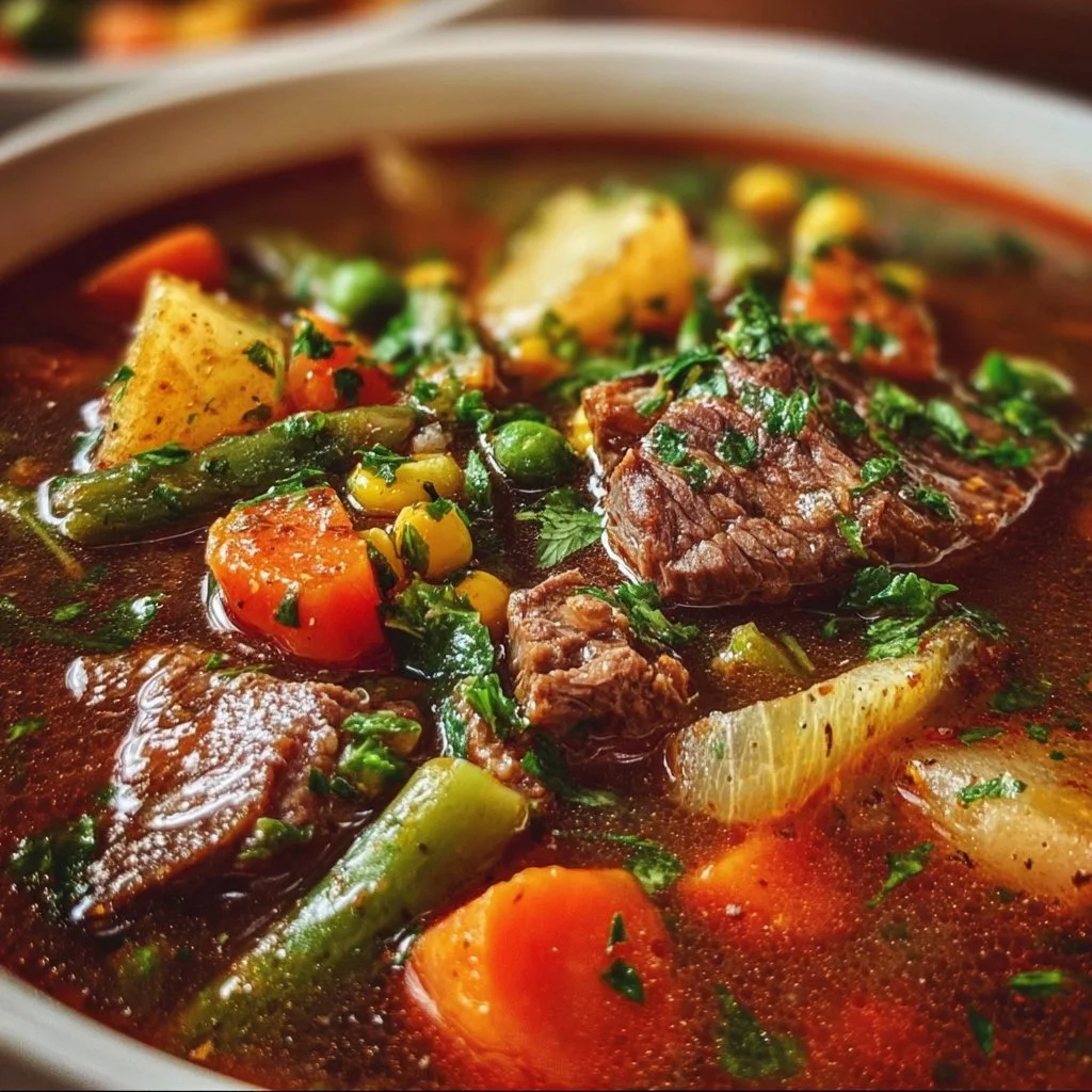 A bowl of hearty beef vegetable soup filled with fresh ingredients.