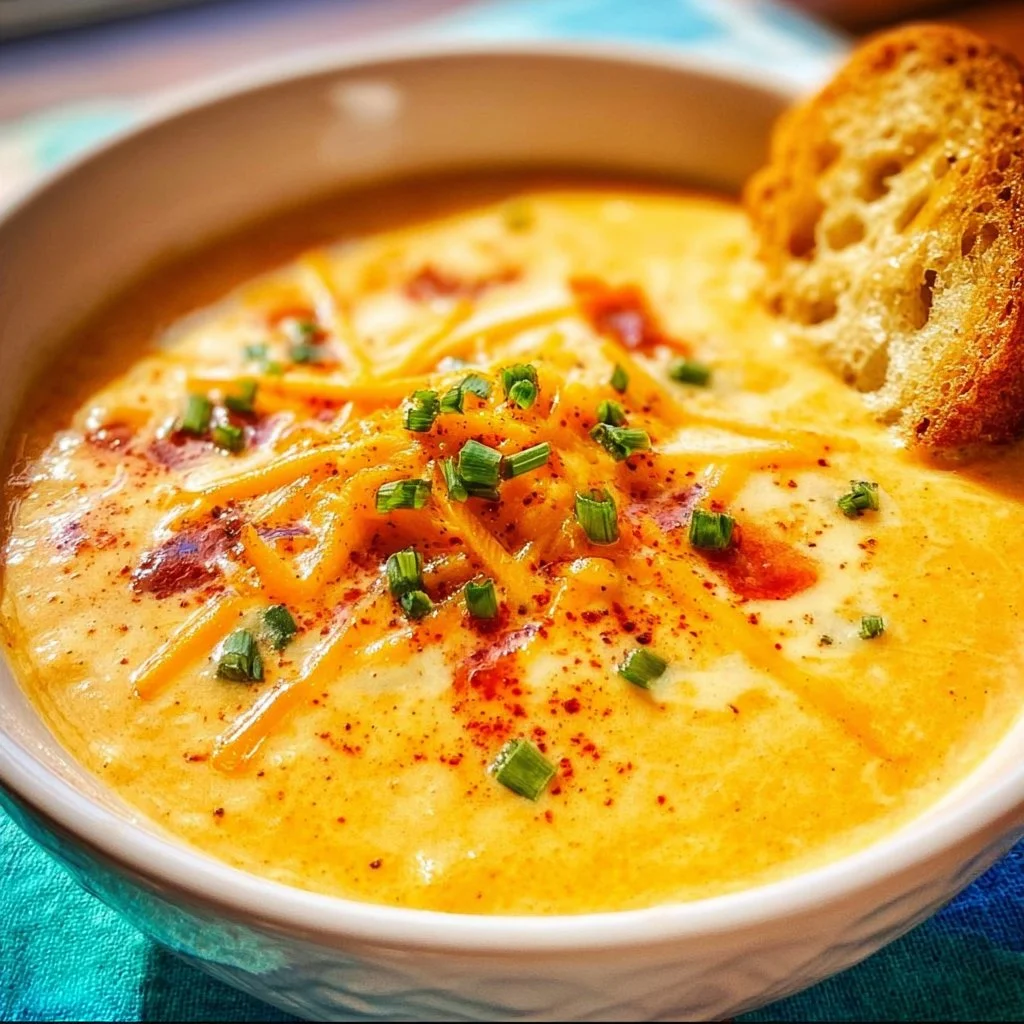 Delicious homemade Beer Cheese Soup served in a bowl with garnishes