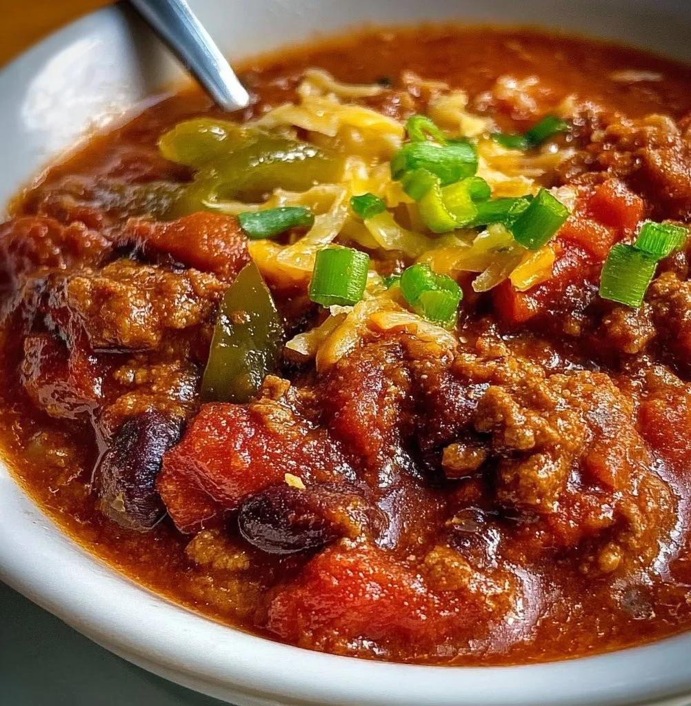A bowl of classic low sodium chili garnished with herbs and spices