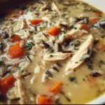 Bowl of homemade Panera-style chicken wild rice soup with vegetables and herbs