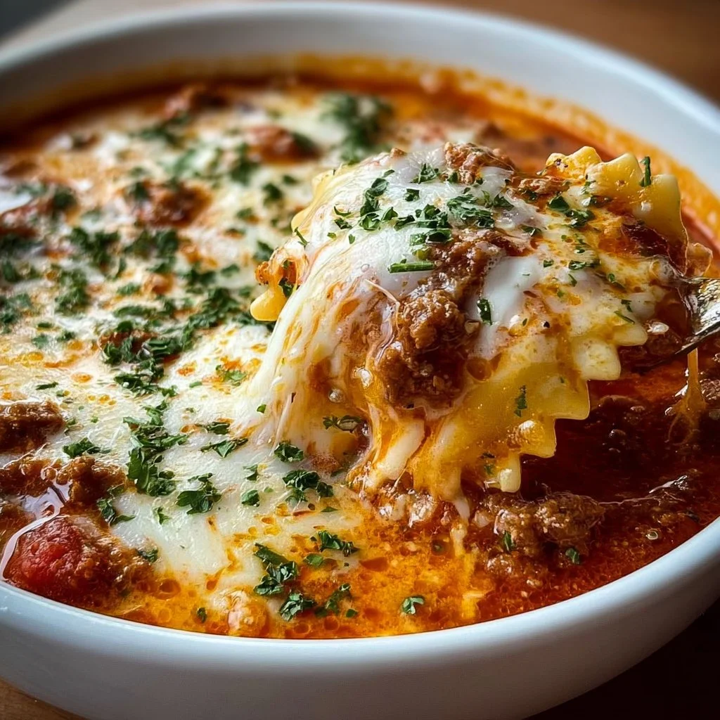 Delicious bowl of best lasagna soup topped with herbs and cheese