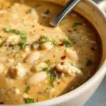 Delicious bowl of creamy white chili topped with cilantro and cheese