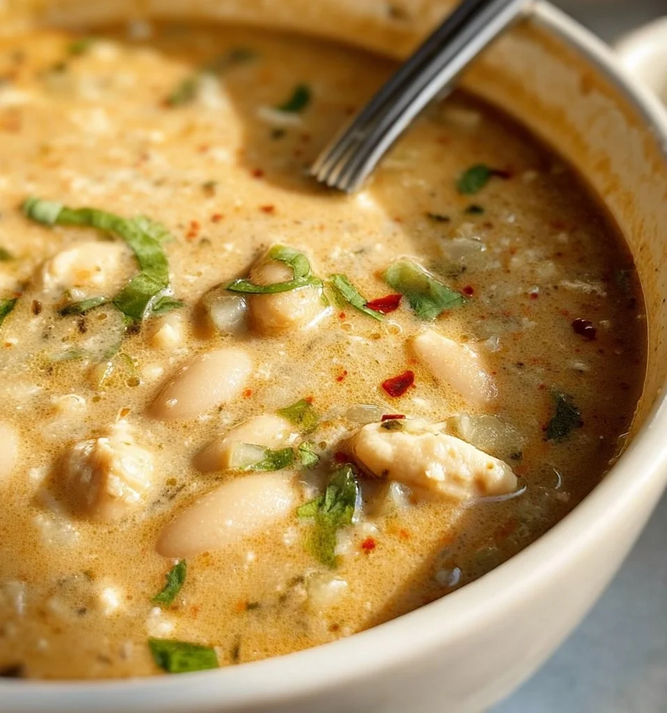 Delicious bowl of creamy white chili topped with cilantro and cheese