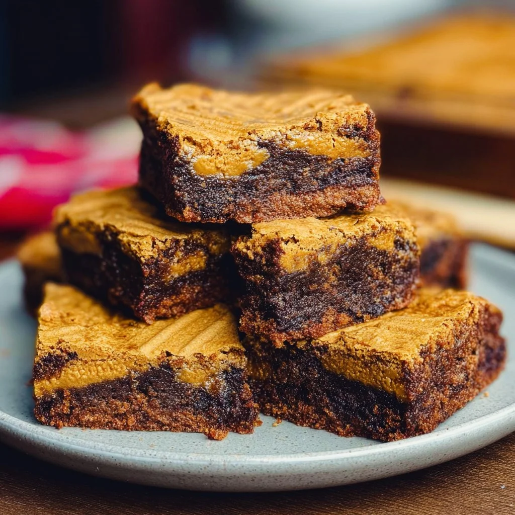 Delicious Biscoff Brownies topped with melted Biscoff cookie spread