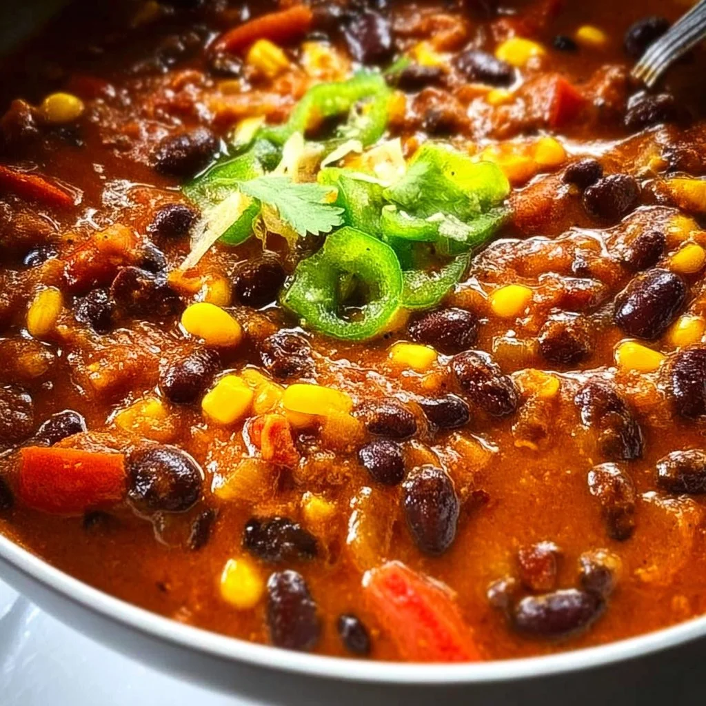 A bowl of delicious black bean chili topped with fresh herbs and spices.