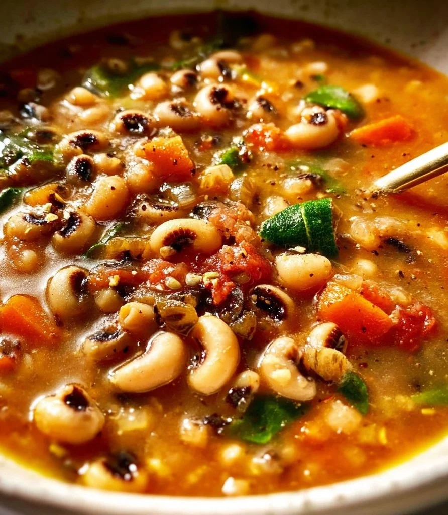 A bowl of delicious Black-Eyed Pea Soup garnished with herbs and spices.