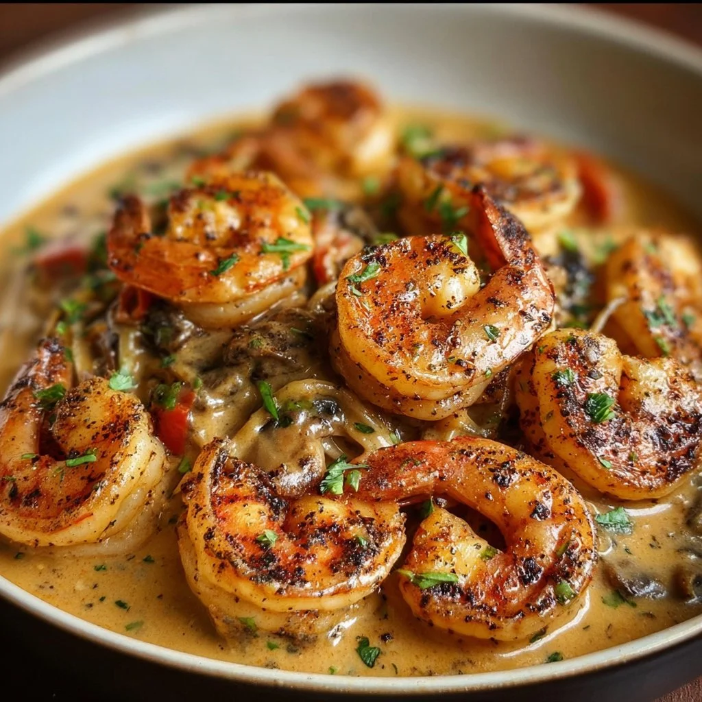 Creamy Blackened Shrimp Stroganoff served on a plate with garnishes