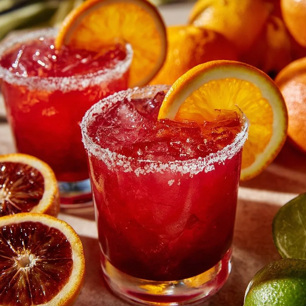Refreshing Blood Orange Margarita served in a cocktail glass with a slice of blood orange.