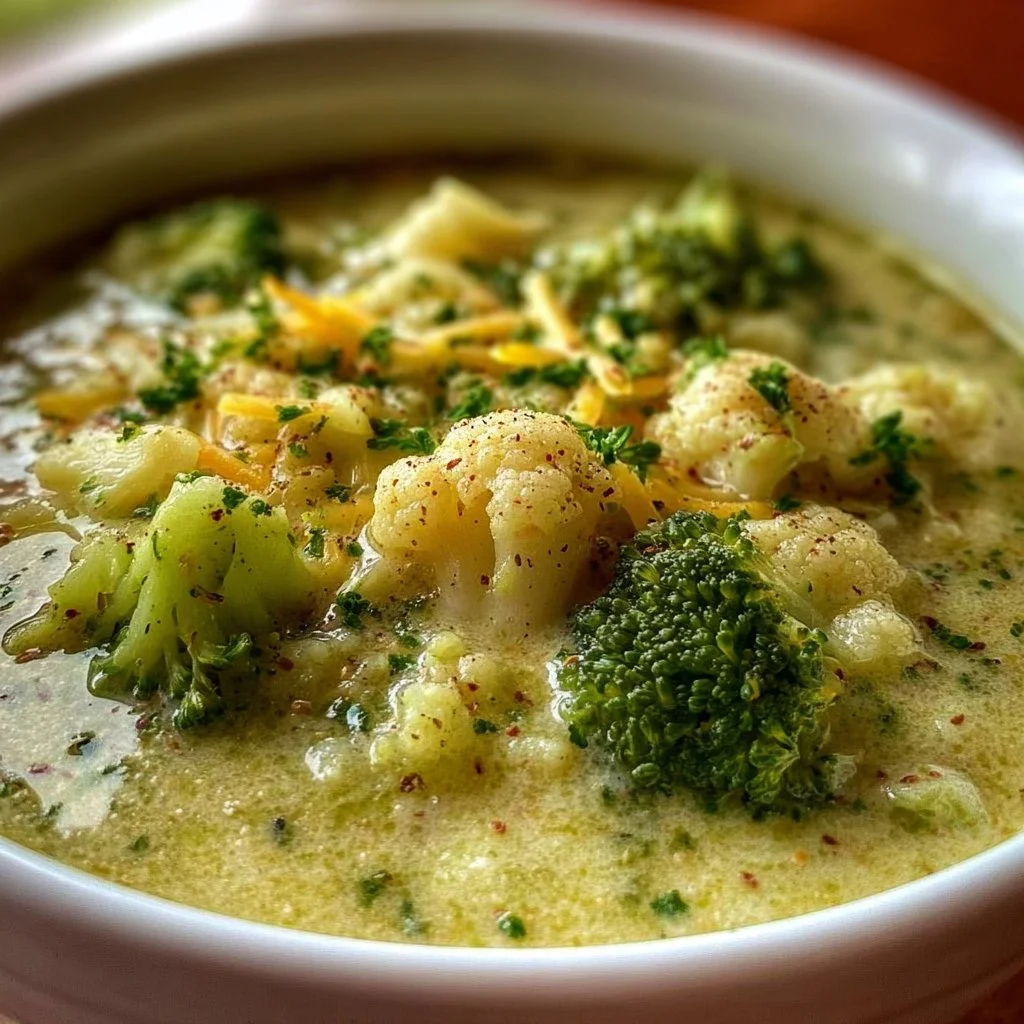 Bowl of creamy Broccoli Cauliflower Soup garnished with herbs